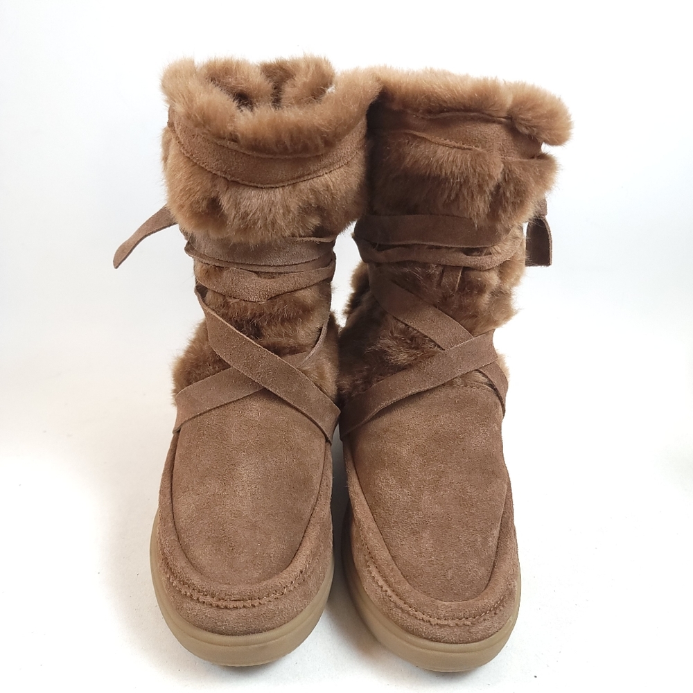 STEVE MADDEN Crisscross Sherpa Suede faux-fur Golden tan mid calf Boots size 6.5